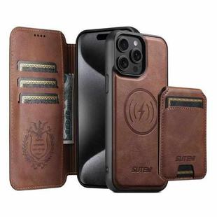 For iPhone 15 Pro Suteni Q05S2 3-in-1 Detachable Vertical Flip Wallet MagSafe Leather Phone Case(Brown)