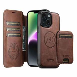 For iPhone 14 Plus Suteni Q05S2 3-in-1 Detachable Vertical Flip Wallet MagSafe Leather Phone Case(Brown)