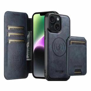 For iPhone 14 Suteni Q05S2 3-in-1 Detachable Vertical Flip Wallet MagSafe Leather Phone Case(Blue)