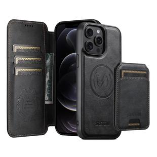 For iPhone 12 Pro Max Suteni Q05S2 3-in-1 Detachable Vertical Flip Wallet MagSafe Leather Phone Case(Black)