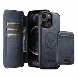 For iPhone 12 Pro Max Suteni Q05S2 3-in-1 Detachable Vertical Flip Wallet MagSafe Leather Phone Case(Blue)