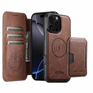 For iPhone 16 Pro Max Suteni Q05S3 3-in-1 Detachable Vertical Flip Wallet MagSafe Leather Phone Case(Brown)