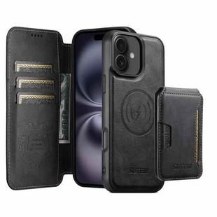 For iPhone 16 Suteni Q05S3 3-in-1 Detachable Vertical Flip Wallet MagSafe Leather Phone Case(Black)