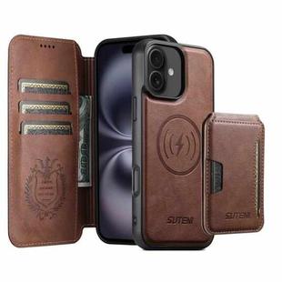 For iPhone 16 Suteni Q05S3 3-in-1 Detachable Vertical Flip Wallet MagSafe Leather Phone Case(Brown)