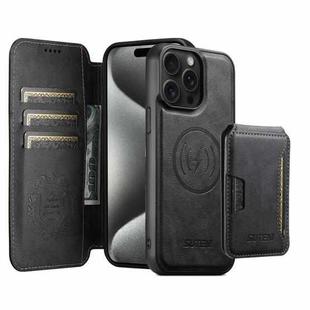 For iPhone 15 Pro Max Suteni Q05S3 3-in-1 Detachable Vertical Flip Wallet MagSafe Leather Phone Case(Black)