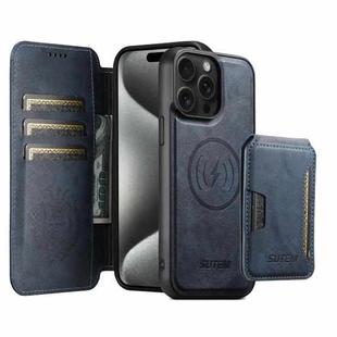 For iPhone 15 Pro Max Suteni Q05S3 3-in-1 Detachable Vertical Flip Wallet MagSafe Leather Phone Case(Blue)