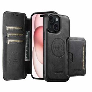 For iPhone 15 Plus Suteni Q05S3 3-in-1 Detachable Vertical Flip Wallet MagSafe Leather Phone Case(Black)