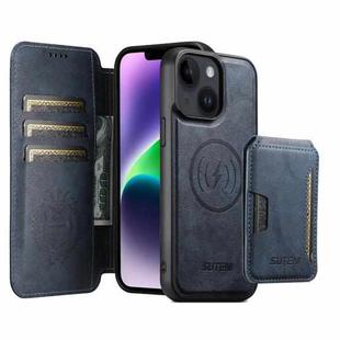 For iPhone 14 Plus Suteni Q05S3 3-in-1 Detachable Vertical Flip Wallet MagSafe Leather Phone Case(Blue)