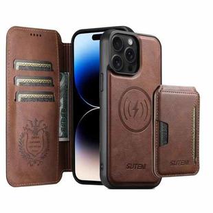 For iPhone 14 Pro Max Suteni Q05S3 3-in-1 Detachable Vertical Flip Wallet MagSafe Leather Phone Case(Brown)