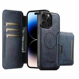 For iPhone 14 Pro Max Suteni Q05S3 3-in-1 Detachable Vertical Flip Wallet MagSafe Leather Phone Case(Blue)
