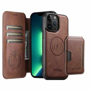 For iPhone 13 Pro Max Suteni Q05S3 3-in-1 Detachable Vertical Flip Wallet MagSafe Leather Phone Case(Brown)