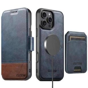 For iPhone 16 Pro Max Suteni Q06S2 3-in-1 Detachable Vertical Flip Wallet MagSafe Splicing Leather Phone Case(Blue)