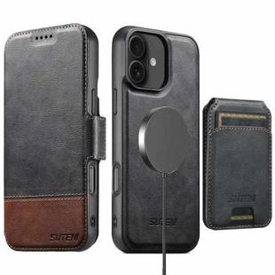 For iPhone 16 Plus Suteni Q06S2 3-in-1 Detachable Vertical Flip Wallet MagSafe Splicing Leather Phone Case(Black)