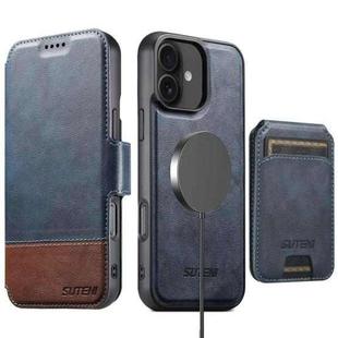 For iPhone 16 Plus Suteni Q06S2 3-in-1 Detachable Vertical Flip Wallet MagSafe Splicing Leather Phone Case(Blue)