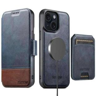 For iPhone 15 Plus Suteni Q06S2 3-in-1 Detachable Vertical Flip Wallet MagSafe Splicing Leather Phone Case(Blue)
