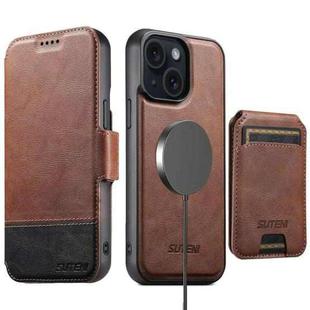 For iPhone 14 Suteni Q06S2 3-in-1 Detachable Vertical Flip Wallet MagSafe Splicing Leather Phone Case(Brown)