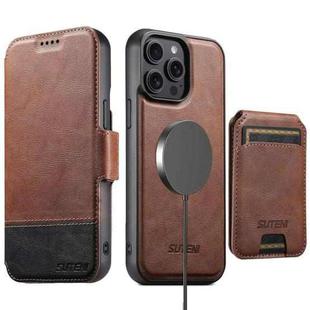 For iPhone 13 Pro Suteni Q06S2 3-in-1 Detachable Vertical Flip Wallet MagSafe Splicing Leather Phone Case(Brown)