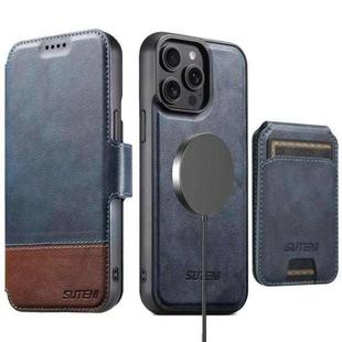 For iPhone 13 Pro Suteni Q06S2 3-in-1 Detachable Vertical Flip Wallet MagSafe Splicing Leather Phone Case(Blue)