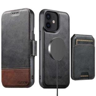 For iPhone 12 Suteni Q06S2 3-in-1 Detachable Vertical Flip Wallet MagSafe Splicing Leather Phone Case(Black)