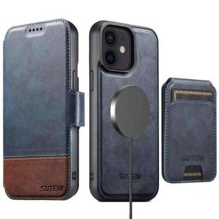 For iPhone 12 Suteni Q06S2 3-in-1 Detachable Vertical Flip Wallet MagSafe Splicing Leather Phone Case(Blue)