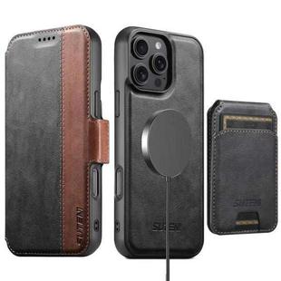For iPhone 16 Pro Max Suteni Q07S2 3-in-1 Detachable Vertical Flip Wallet MagSafe Splicing Leather Phone Case(Black)