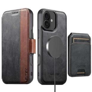 For iPhone 16 Plus Suteni Q07S2 3-in-1 Detachable Vertical Flip Wallet MagSafe Splicing Leather Phone Case(Black)