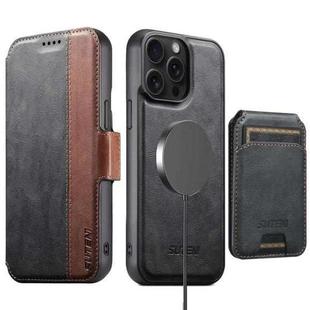 For iPhone 15 Pro Suteni Q07S2 3-in-1 Detachable Vertical Flip Wallet MagSafe Splicing Leather Phone Case(Black)