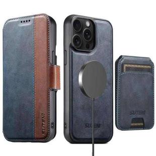 For iPhone 15 Pro Suteni Q07S2 3-in-1 Detachable Vertical Flip Wallet MagSafe Splicing Leather Phone Case(Blue)