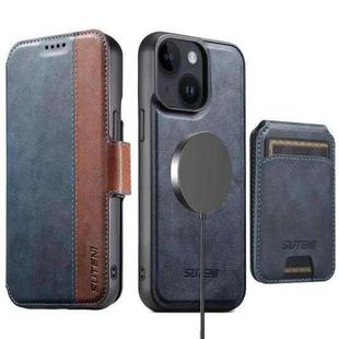 For iPhone 14 Plus Suteni Q07S2 3-in-1 Detachable Vertical Flip Wallet MagSafe Splicing Leather Phone Case(Blue)