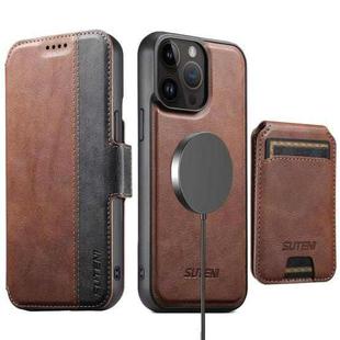 For iPhone 13 Pro Suteni Q07S2 3-in-1 Detachable Vertical Flip Wallet MagSafe Splicing Leather Phone Case(Brown)