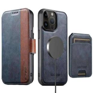 For iPhone 13 Pro Suteni Q07S2 3-in-1 Detachable Vertical Flip Wallet MagSafe Splicing Leather Phone Case(Blue)