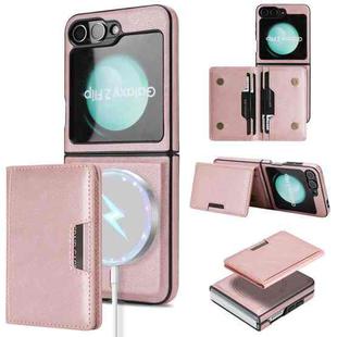 For Samsung Galaxy Z Flip6 Kalebol Strong Magnetic MagSafe 2-Fold Ring Magnetic Card Case Leather Side Sticker Phone Case(Pink Gold)