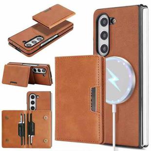 For Samsung Galaxy Z Fold6 Kalebol Strong Magnetic MagSafe 2-Fold Ring Magnetic Card Case Leather Side Sticker Phone Case(Brown)