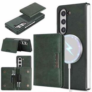 For Samsung Galaxy Z Fold6 Kalebol Strong Magnetic MagSafe 2-Fold Ring Magnetic Card Case Leather Side Sticker Phone Case(Green)