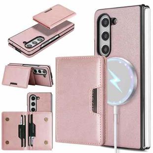 For Samsung Galaxy Z Fold6 Kalebol Strong Magnetic MagSafe 2-Fold Ring Magnetic Card Case Leather Side Sticker Phone Case(Pink Gold)