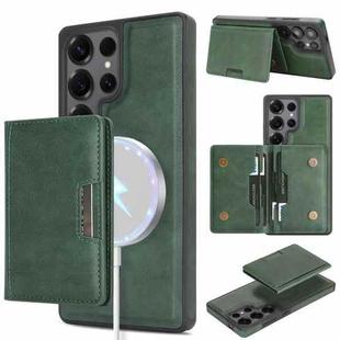 For Samsung Galaxy S25 Ultra Kalebol Strong Magnetic MagSafe 2-Fold Ring Magnetic Card Case Leather Side Sticker Phone Case(Green)