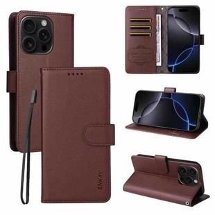 For iPhone 16 Pro Max ENKAY RFID Blocking Wallet Kickstand Litchi Texture Leather Phone Case(Brown)