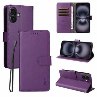 For iPhone 16 ENKAY RFID Blocking Wallet Kickstand Litchi Texture Leather Phone Case(Purple)