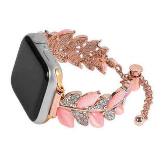 For Apple Watch 46mm / 49mm / 45mm / 44mm Leaf Shaped Diamond Studded Bracelet Alloy Watch Band(Rose Pink)