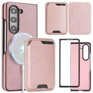 For Samsung Galaxy Z Fold5 Kalebol Slim MagSafe Ring Magnetic Card Bag Side Sticker Leather Phone Case(Pink Gold)