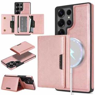 For Samsung Galaxy S25 Ultra 5G Kalebol Strong Magnetic MagSafe Tri-Fold Wallet Side Sticker Leather Phone Case(Pink Gold)