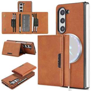For Samsung Galaxy Z Fold5 Kalebol Strong Magnetic MagSafe Tri-Fold Wallet Side Sticker Leather Phone Case(Brown)