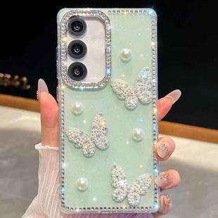 For Samsung Galaxy S25+ 5G Diamond Glitter Pearl Butterfly Four-Corner Shockproof Phone Case(Light Green)