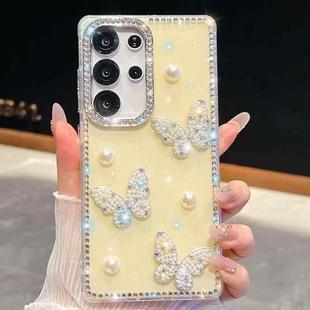 For Samsung Galaxy S25 Ultra 5G Diamond Glitter Pearl Butterfly Four-Corner Shockproof Phone Case(Light Yellow)