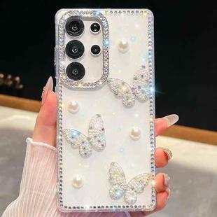 For Samsung Galaxy S25 Ultra 5G Diamond Glitter Pearl Butterfly Four-Corner Shockproof Phone Case(White)