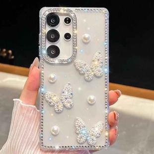 For Samsung Galaxy S25 Ultra 5G Diamond Glitter Pearl Butterfly Four-Corner Shockproof Phone Case(Transparent)