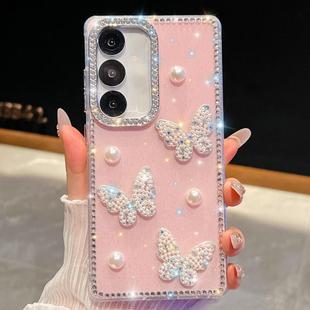 For Samsung Galaxy S24 FE 5G Diamond Glitter Pearl Butterfly Four-Corner Shockproof Phone Case(Light Pink)