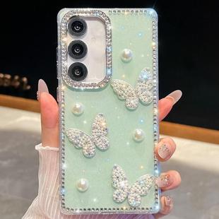 For Samsung Galaxy S24 FE 5G Diamond Glitter Pearl Butterfly Four-Corner Shockproof Phone Case(Light Green)