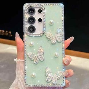 For Samsung Galaxy S23 Ultra 5G Diamond Glitter Pearl Butterfly Four-Corner Shockproof Phone Case(Light Green)