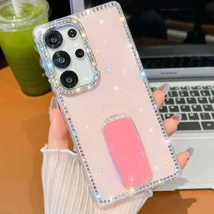 For Samsung Galaxy S24 Ultra 5G Rhinestone Glitter TPU 4-corners Anti-fall Phone Case with Holder(Light Pink)